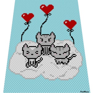 Tableau graphique au crochet 3 petits chats (c2c, mini c2c, sc, hdc, dc, tss), point de croix, tricot ; PDF, instructions écrites et instructions en blocs de couleurs
