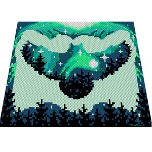 May include: A pixel art image of an owl flying through a green and blue aurora borealis. The owl is silhouetted against the aurora, and the background is a dark blue with white stars.