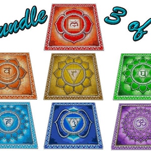 Puede incluir: Un conjunto de siete diseños de mandalas cuadrados de colores con símbolos sánscritos. Los mandalas son parte de un conjunto más grande, este es el paquete 3 de 7.