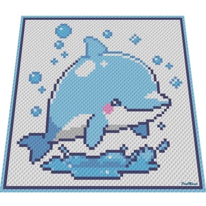 May include: A pixel art design of a blue dolphin jumping out of the water with bubbles around it. The dolphin is gray on the bottom and has a pink nose.
