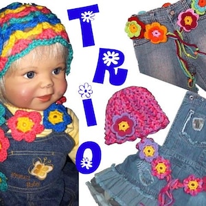 CROCHET PATTERN * FloWer PoWer TTRiO * hat, scarf & belt  in 3 SiZES (Toddler, Child, Adult sizes), Instant PDF Download, corchet  hat