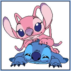 May include: A pink Stitch character with blue eyes and a big smile is hugging a blue Stitch character with a big smile. Both characters have large ears and are in a cartoon style.