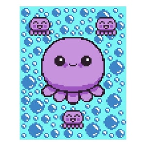 May include: A pixel art illustration of a purple octopus with a smiling face surrounded by blue bubbles on a light blue background.
