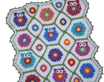 CROCHET PATTERN * floWer poWer OwLS * afghan pattern, crochet blanket pattern, baby blanket, owls blanket - Instant PDF Download