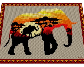 アフリカゾウ、C2C（コーナー・トゥ・コーナー）かぎ針編みブランケット用の図案、文章とカラーブロックによる編み方説明付き