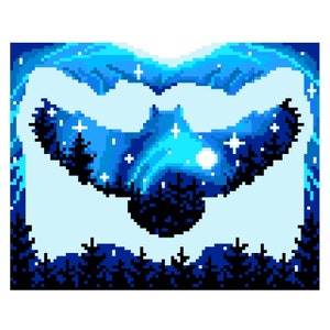 Peut inclure: Image pixelisée d'une silhouette noire d'un hibou volant sur un fond de ciel nocturne étoilé bleu et blanc. Les ailes du hibou sont déployées et les étoiles sont éparpillées dans le ciel. Le hibou vole au-dessus d'une forêt sombre.