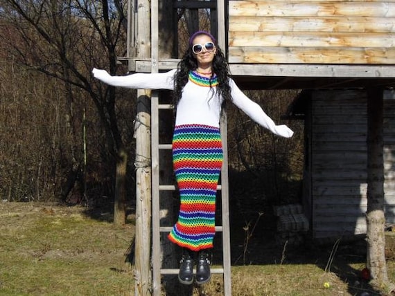 rainbow crochet dress long sleeve Dress * RAINBOW * Crochet Dress XS-M