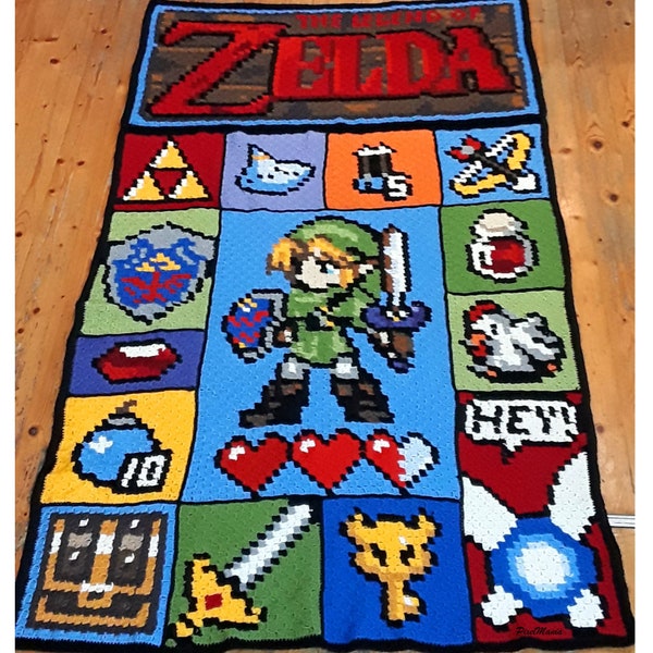 ADD On The Legend of Zelda inspirierte Decke, Häkelmuster, Grafik für C2C, Häkeldecke Ecke zu Ecke,  mit geschriebener Anleitung