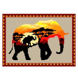 May include: A silhouette of an elephant with a sunset behind it. The elephant is standing in a field with trees and bushes. The sunset is a mix of orange, yellow, and red.
