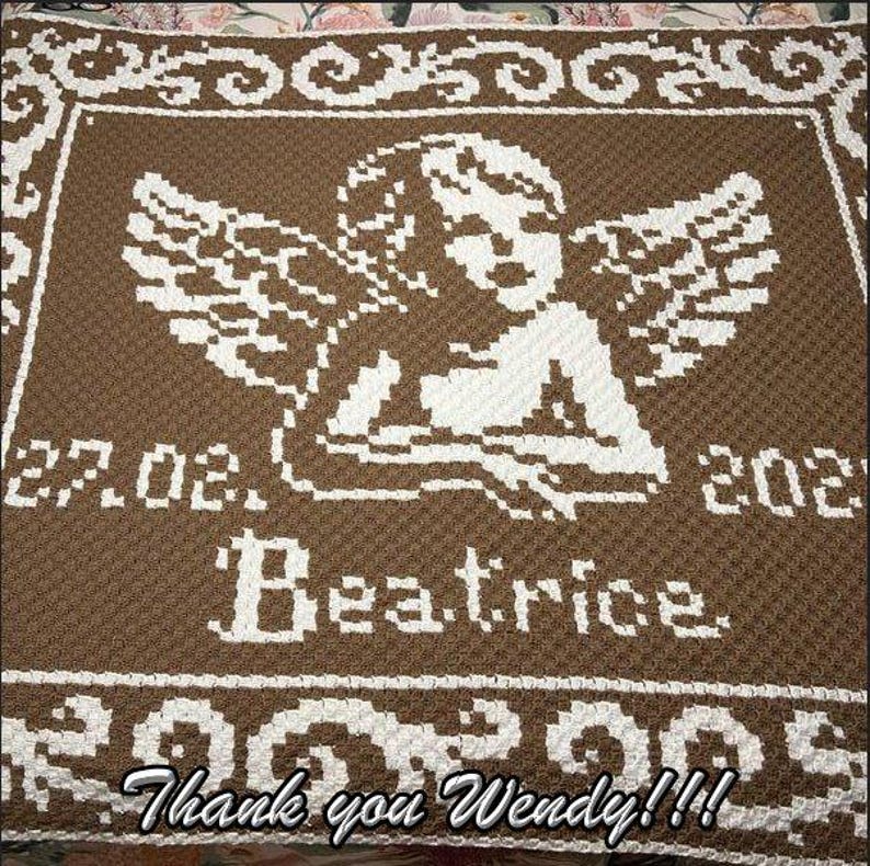 ANGEL with NAME and DATE graph for personalized crochet c2c blanket, written & color blocked instructions for corner to corner angelblanket image 3