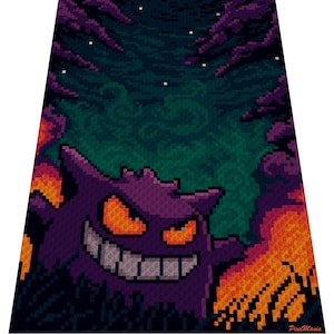 May include: Pixelated image of a purple Gengar character with orange eyes and a wide grin, emerging from a dark forest scene. The background features a starry night sky and dark green foliage. The PixelMania logo is in the bottom right corner.