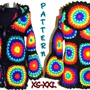 May include: A crochet cardigan with a rainbow mandala pattern. The cardigan has a hood and bell sleeves. The pattern is available in sizes XS-XXL. "PATTERN" is written vertically on the right side of the image.
