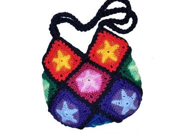 Crochet Bag * RainBoW StarS *  Granny Square,  Hippiebag, upcycled Bag, crochet starbag,