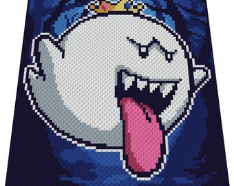 May include: A pixel art design of King Boo, a ghost character from the Super Mario franchise. King Boo is wearing a gold crown and has a large, toothy grin. The background is a dark blue with a pixelated forest pattern.