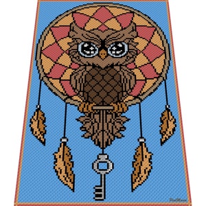 OWL DREAMCATCHER - graph for crochet c2c blanket, C2C, written & color blocked instructions for corner to corner,