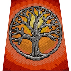 Yggdrasil et le soleil levant, motif au crochet, graphique pour C2C, couverture au crochet d&#39;un coin à l&#39;autre, avec instructions écrites et blocs de couleurs