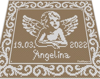 ANGEL with NAME and DATE  graph for personalized crochet c2c blanket, written & color blocked instructions for corner to corner angelblanket