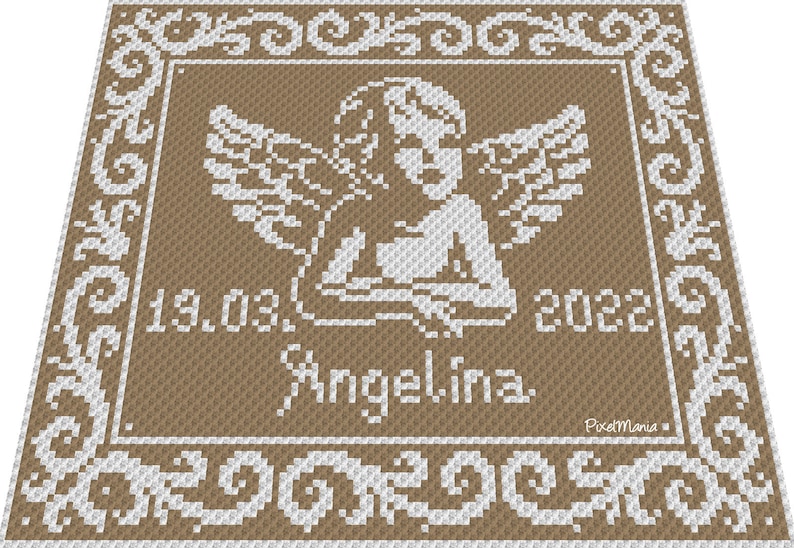May include: A brown and white cross-stitch pattern with a white angel with wings, the date 19.03.2022, and the name Angelina. The pattern is surrounded by a white border with a decorative design.