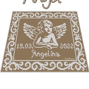 May include: A brown and white crocheted blanket with a white angel design and the text "Angel", "19.03.2022", "Angelina", and "PixelMania".