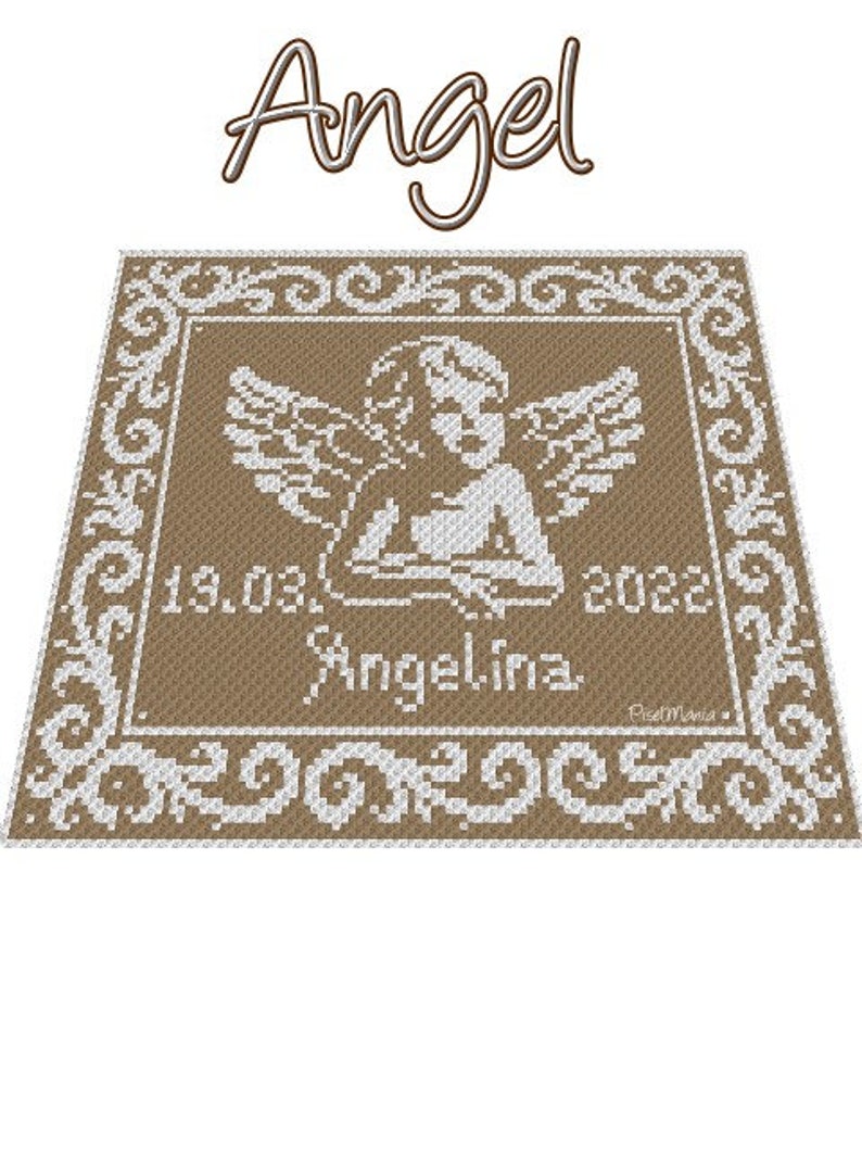 May include: A brown and white crocheted blanket with a white angel design and the text "Angel", "19.03.2022", "Angelina", and "PixelMania".