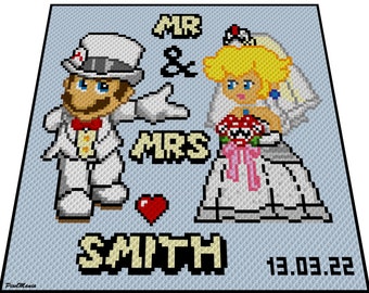 MR and MRS MARIO personalisierte Häkelmuster, Grafik für C2C Häkeldecke Ecke zu Ecke,  mit geschr. & Farb-Block Anleitung, Hochzeitsgeschenk