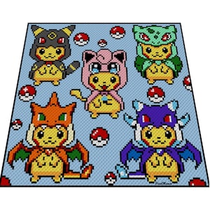 Pikachu Costum Party inspired blanket, crochet graph for blanket, C2C, written & color blocked instructions for corner to corner,