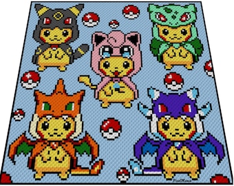 Manta inspirada en la fiesta de disfraces de PIKACHUS: patrón de crochet, gráfico para tejer de esquina a esquina, con instrucciones tipográficas y de bloques de color.
