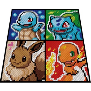 Könnte beinhalten: Ein Pixel-Art-Design mit vier Panels mit beliebten Pokémon-Charakteren: Schiggy, Bisasam, Evoli und Glumanda. Jeder Charakter ist in einer eigenen Farbpalette dargestellt, mit einem schwarzen Rahmen um jedes Panel. Das PixelMania-Logo befindet sich unten links.