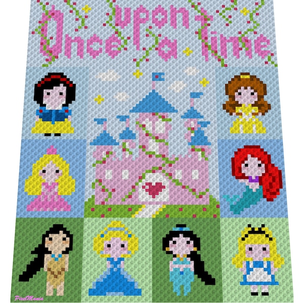 PRINCESSES - Il était une fois - modèle au crochet, graphique pour C2C, couverture au crochet d'un coin à l'autre, avec instructions écrites et blocs de couleurs