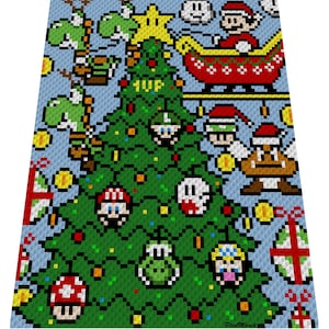 Christmas with MARIO inspired blanket, crochet graph for blanket, C2C, written & color blocked instructions for corner to corner,