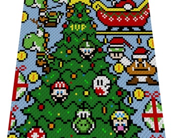 May include: A pixelated Christmas tree with green, red, and yellow ornaments. A red and white sleigh with a Santa Claus figure is flying above the tree. The text "1UP" is on the tree.