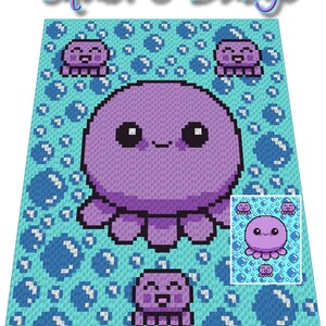 May include: A purple crocheted octopus with a smiling face surrounded by blue bubbles. The octopus is surrounded by smaller purple crocheted octopuses with smiling faces. The text "Squid & Babys" is at the top of the image.