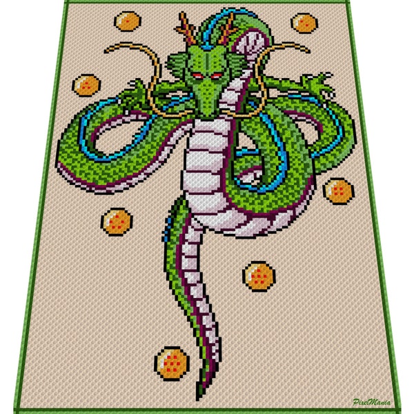 SHENLONG - Modèle de crochet inspiré de DRAGONBALL, graphique pour C2C, couverture au crochet d'un coin à l'autre, avec instructions scénarisées et de blocs de couleurs, dragon