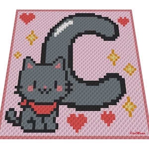Könnte beinhalten: Eine pixelige graue Katze mit rotem Schal und rosa Wangen ist auf einem rosa Hintergrund abgebildet. Die Katze befindet sich neben einem großen grauen Buchstaben "C". Rote Herzen und gelbe Sterne sind um die Katze herum verstreut. Der Text "PixelMania" befindet sich in der unteren rechten Ecke.