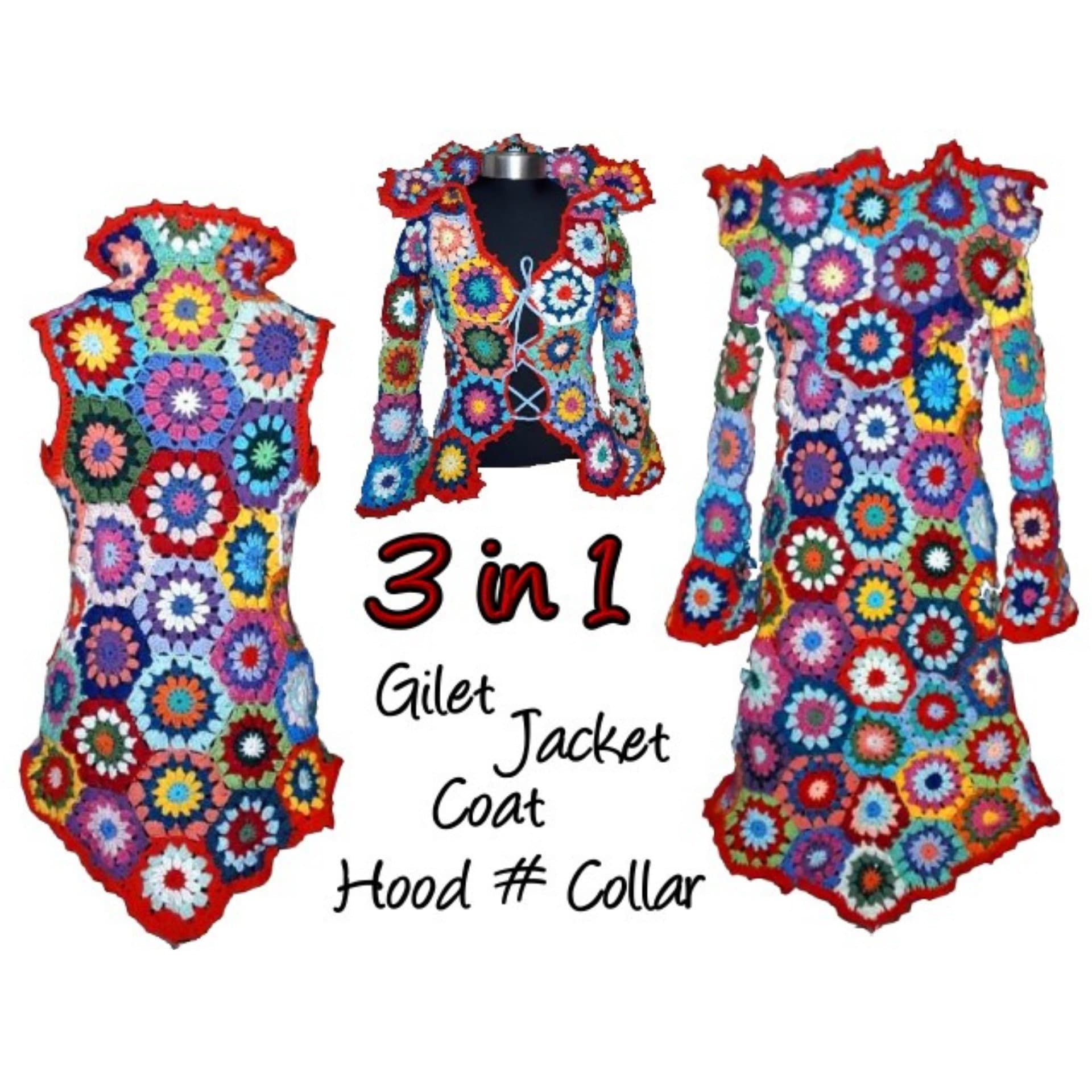 CROCHET PATTERN * 3 in 1 - Hexagon * Vest, Jacket, Coat