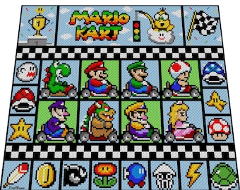 May include: A pixel art style image of Mario Kart characters in their karts. The characters include Mario, Luigi, Peach, Toad, Bowser, Donkey Kong, Yoshi, and Wario. The image is set against a checkered background with a blue sky and clouds. The text "Mario Kart" is displayed at the top of the image.