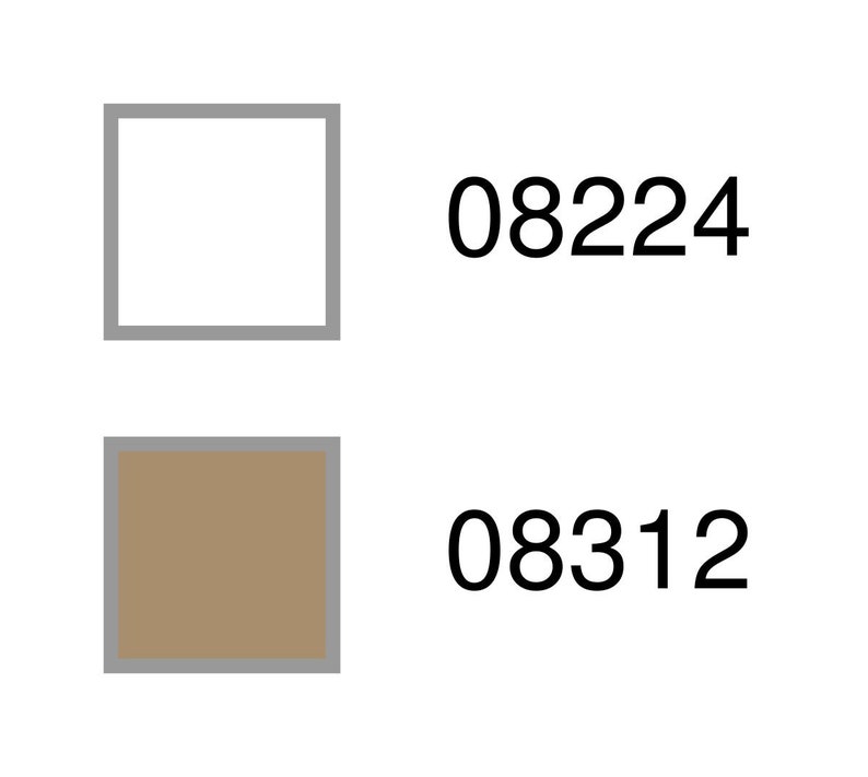 May include: Two square swatches of fabric. The top swatch is white and the bottom swatch is brown. The number 08224 is printed to the right of the top swatch and the number 08312 is printed to the right of the bottom swatch.