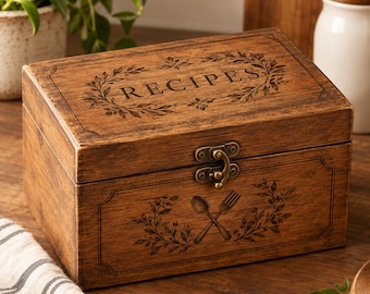 Scatola per ricette vintage in legno personalizzata, porta ricette di famiglia personalizzato, regalo rustico da conservare come ricordo in cucina.