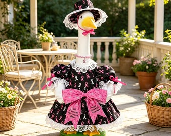 Pink Ribbon Porch Goose Outfit for 23 Inch Goose, Breast Cancer Awareness Dress with Hat & Bow, Lawn Goose Costume, Fall Yard Decor