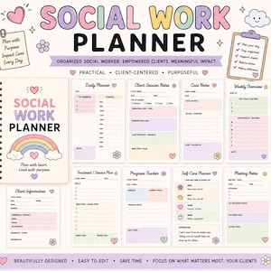 Può includere: Un'agenda per il lavoro sociale con rilegatura a spirale e pagine color pastello che includono modelli per sessioni giornaliere, settimanali e con i clienti. La copertina mostra un arcobaleno e il testo Social Work Planner. Include sezioni per il monitoraggio.