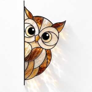 Wzór witrażu „Peeking Owl”, szablon na panel narożny (PDF, SVG, PNG)