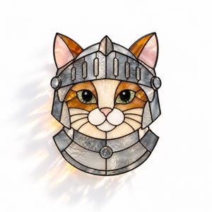 Motivo a vetrata raffigurante un cavaliere gatto, acchiappasole con armatura medievale (download digitale)