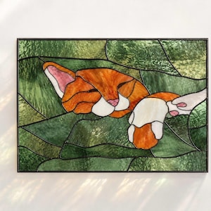 Sleeping Cat Stained Glass Pattern, Beginner Suncatcher Template (PDF, PNG)