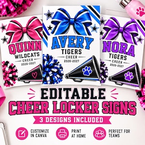 Op de afbeelding: Drie rechthoekige lockerbordjes voor cheerleaders met grote strikken, megafoons en de teamnamen Quinn Wildcats, Avery Tigers en Nora Tigers voor 2026-2027. De tekst luidt Editable Cheer Locker Signs, 3 Designs Included, Customize in Canva.