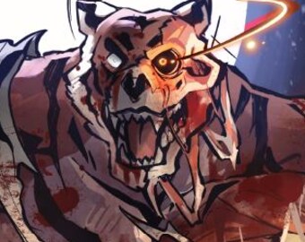 May include: A digital illustration of a muscular tiger-like humanoid figure with orange and black fur, wearing tattered clothing. The figure has a skull-like mask, visible blood splatters, and arrows protruding from its back against a bright background.