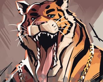 May include: A stylised illustration of a muscular tiger with orange fur and black stripes, wearing a thick gold chain necklace with a padlock pendant. The tiger has its mouth open with its tongue hanging out, showing sharp teeth.
