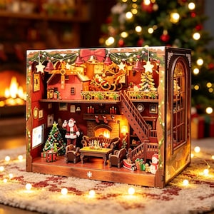 DIY julstuga bokkrok kit, miniatyrdiorama för högtider, julklapp för hantverkare