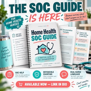 Może przedstawiać: Spiralny podręcznik Home Health SOC Guide z białą okładką przedstawiającą ikonę domu i stetoskopu. Tekst zawiera napisy Home Health SOC GUIDE, A PRACTICAL GUIDE TO SOC DOCUMENTATION oraz CLINICAL CHAOS, wraz z listami kontrolnymi i przykładami.