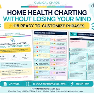 Peut inclure: Un guide numérique intitulé Clinical Chaos Home Health Charting Without Losing Your Mind, comprenant 118 phrases prêtes à personnaliser, 19 sections de référence rapide et 27 pages d'outils de documentation pour les infirmiers à domicile.
