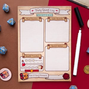 May include: A brown and beige daily quest log with a cartoon style design. The log has sections for main quests, side quests, quest notes, and a health tracker. The log also has a section for an end of quest reward.